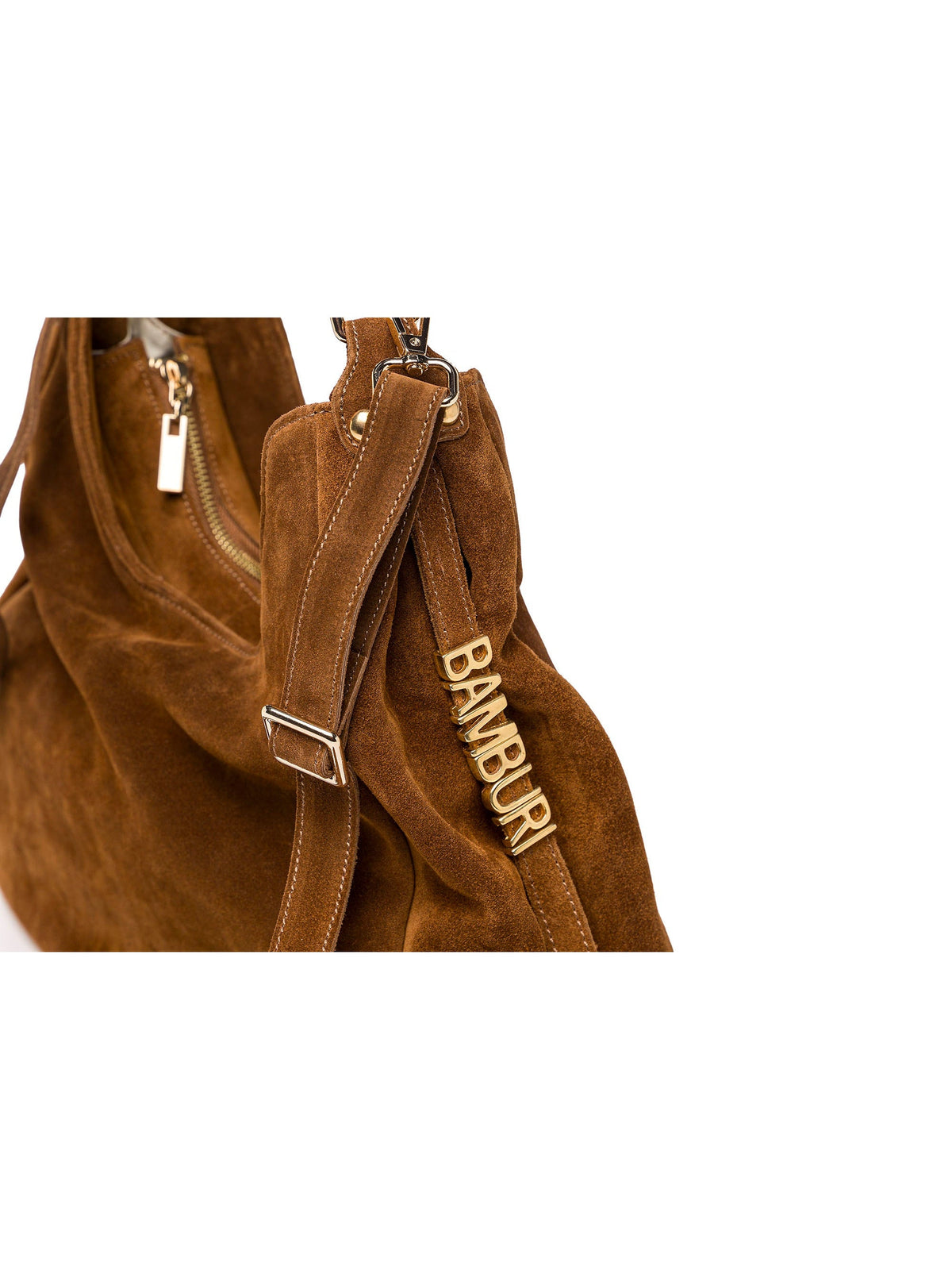 Mala hobo em camurça camel — pormenor da aplicação